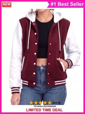 Womens Hooded Varsity Letterman Bomber Jacket Fleece Long Sleeve Regular Fit